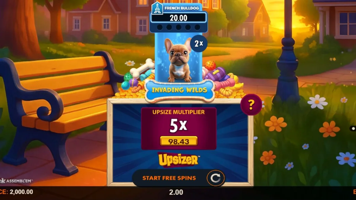 Tampilan visual slot Paw Pack Assembl’Em dengan karakter anjing kartun dan elemen latar belakang halaman belakang